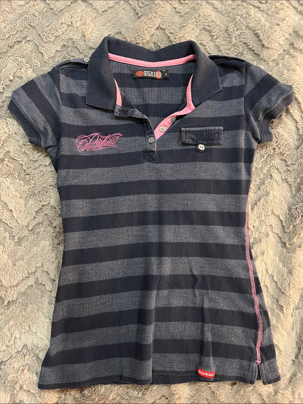 Dickies Navy and Gray Striped Girls Polo with Pink Trim